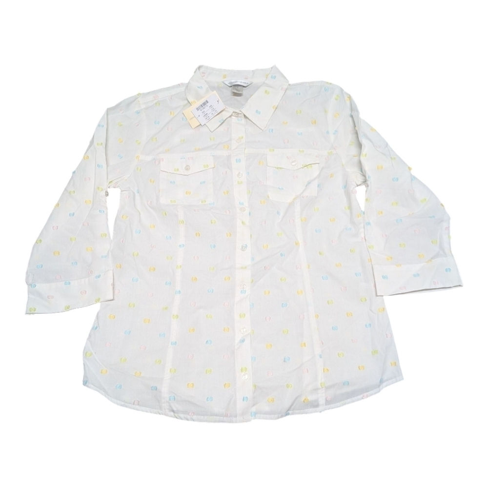 Christopher & Banks Women's White Embroidered Speckled Button-Up Shirt Small